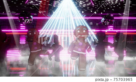 Happy gingerbread men are dancing at the New Year's night disco. The concept of the Christmas celebration. 3D Rendering. Happy gingerbread men are dancing at the New Year's night disco. The concept of the Christmas celebration. 3D Rendering. 75703965