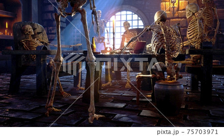 Party at the creepy skeletons in a mystical medieval dungeon. Mystical nightmare concept. 3D Rendering. 75703971