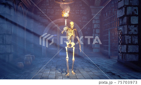 A creepy skeleton with a torch walks through a medieval dungeon. Mystical nightmare concept. 3D Rendering. 75703973
