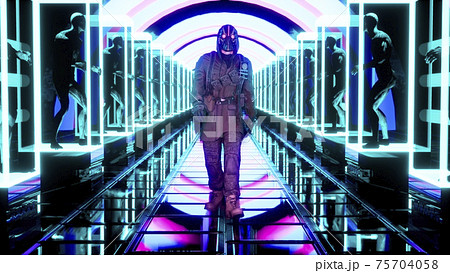 A glowing neon stalker walks through a neon tunnel with sitting zombies in cages. 3D Rendering. 75704058