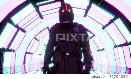 A surviving stalker walks through a glowing neon tunnel. 3D Rendering. A surviving stalker walks through a glowing neon tunnel. 3D Rendering. 75704059