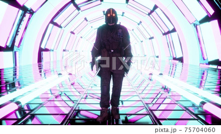 A surviving stalker walks through a glowing neon tunnel. 3D Rendering. 75704060