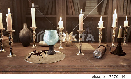 A skull and a manuscript with spells lie on the ancient table of the alchemist. 3D Rendering. A skull and a manuscript with spells lie on the ancient table of the alchemist. 3D Rendering. 75704444