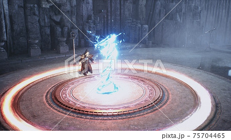 The ancient wizard is training to create new spells for combat magic. 3D Rendering. 75704465