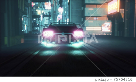 The flying car of the future rushes through the neon street of the cyber city. View of an future city. 3D Rendering. 75704516
