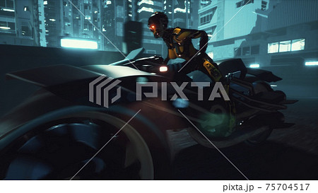 Cyborg rides a huge speed on the motorcycle of the future through the neon streets of the night cyber city. A view of the neon sci-fi city. 3D Rendering. 75704517