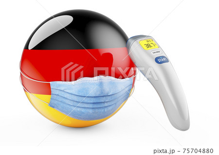 German flag with medical mask and infrared electronic thermometer. Pandemic in Germany concept, 3D rendering 75704880