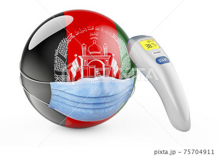 Afghan flag with medical mask and infrared electronic thermometer. Pandemic in Afghanistan concept, 3D rendering Afghan flag with medical mask and infrared electronic thermometer. Pandemic in Afghanistan concept, 3D rendering 75704911