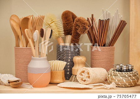 Collection of ecological household goods. Bamboo spoons, forks and toothbrushes. Eco-friendly coconut dishwashing brushes, round wooden dishwashing brushes, metal straws, loofah, natural shower Collection of ecological household goods. Bamboo spoons, forks and toothbrushes. Eco-friendly coconut dishwashing brushes, round wooden dishwashing brushes, metal straws, loofah, natural shower 75705477