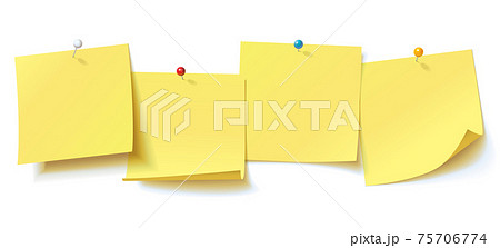 Yellow sticker pinned pushbutton with curled corner, ready for your message 75706774