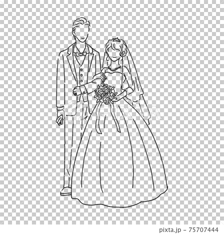 Bride and groom hand-drawn line art illustration 75707444