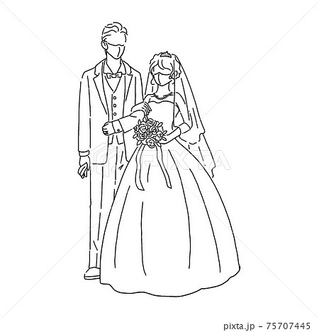 Bride And Groom Wearing Masks Hand Drawn Line Stock Illustration
