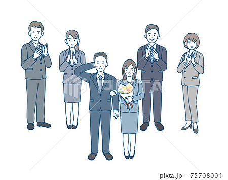 社内結婚 寿退社 カップル 拍手 祝う 会社員 スーツ姿 男女 全身 イラスト素材のイラスト素材
