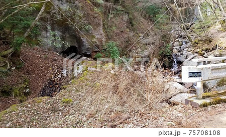 片瀬白田の堰口川上流にある硫黄鉱山跡（2号坑）ヒキ 75708108