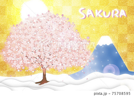 美しき桜と金屏風にそびえる富士山のイラスト素材