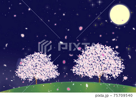 満月の夜の桜吹雪が舞う夜桜のイラスト素材