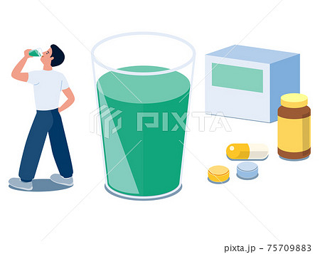 青汁を飲む男性とビタミン剤やサプリなどの健康食品のベクターイラスト 75709883