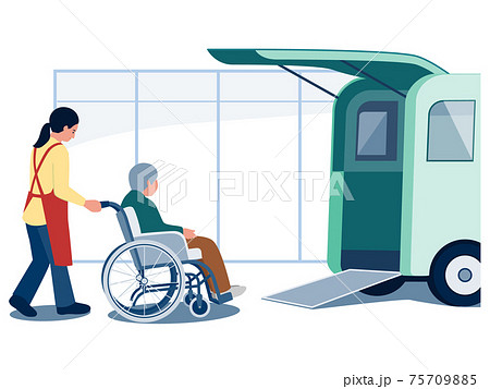 通所介護 デイサービス に通う車椅子の老人と介護スタッフのベクターイラストのイラスト素材