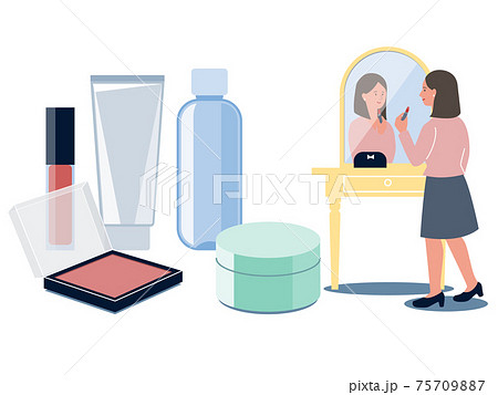 鏡に向かって化粧をする女性と基礎化粧品やメイク道具のベクターイラスト 75709887