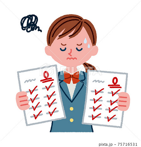 テストで0点をとって落ち込む女子学生のイラストのイラスト素材