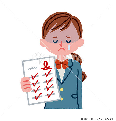 テストで0点をとって落ち込む女子学生のイラストのイラスト素材