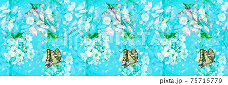 シームレスパターン桜吹雪と薄ピンク色の桜の周りを飛び回る揚羽蝶のイラスト素材