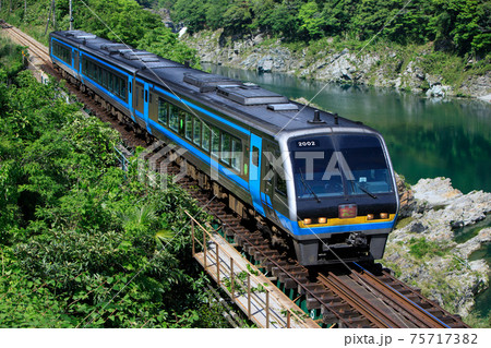 吉野川沿いを快走する2000系 特急「南風」（JR四国） 75717382