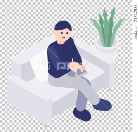 ソファに座ってスマホを使う男性のイラスト素材