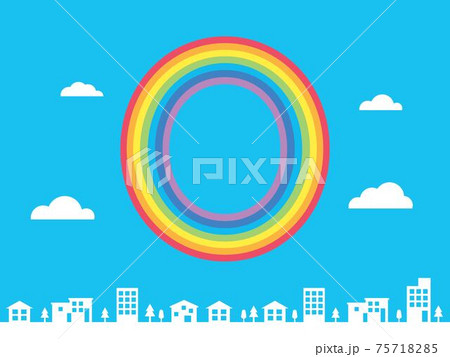 青空に浮かぶ虹の0の文字と街並み背景のイラスト素材