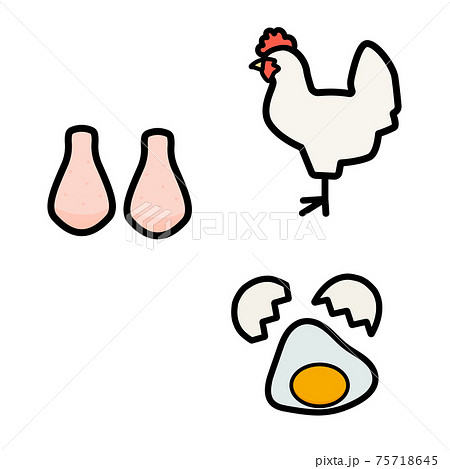 シンプルでかわいい鶏と鶏卵と鶏肉のイラストセットのイラスト素材