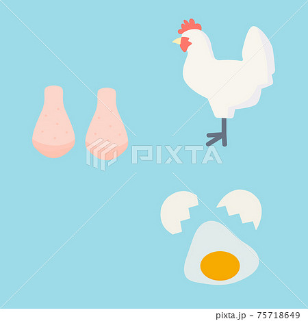 シンプルでかわいい鶏と鶏卵と鶏肉のイラストセット フラットデザインのイラスト素材