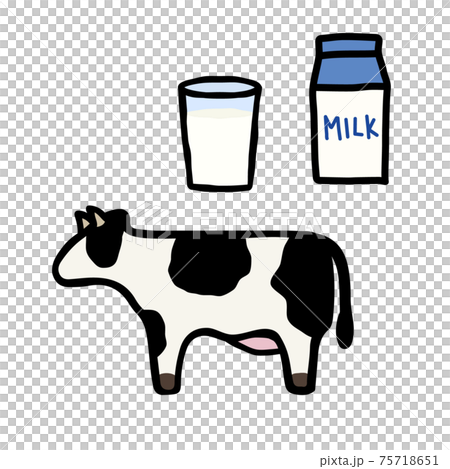 シンプルでかわいい乳牛と牛乳のイラストセット 手書き風のイラスト素材