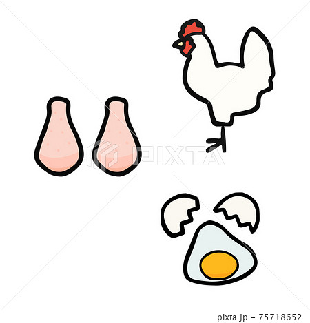 シンプルでかわいい鶏と鶏肉と鶏卵のイラストセット 手書き風のイラスト素材