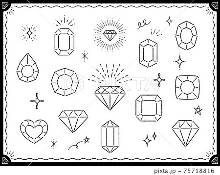 宝石と星の手描き風線画イラスト フレームのセットのイラスト素材