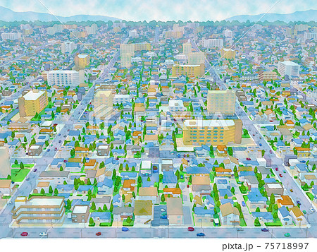 住宅街　俯瞰3　水彩画風　手描き風イラスト 75718997