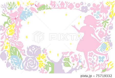 花に囲まれた女の子がいるパステル調の切り絵風フレームイラストのイラスト素材