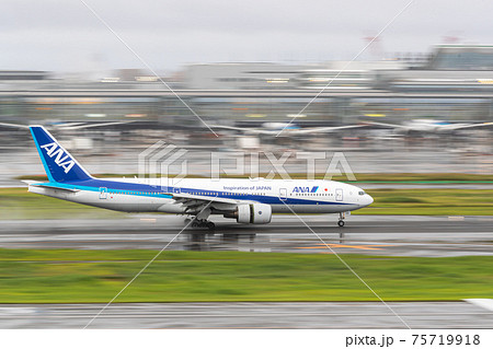 雨の中 羽田空港に着陸する旅客機・飛行機・航空機 雨の中 羽田空港に着陸する旅客機・飛行機・航空機 75719918
