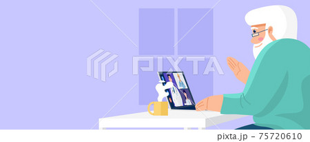 Elderly man having online consultation with doctor on computer. 75720610