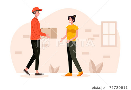 Delivery man handling parcel package box to customer. Vector 75720611