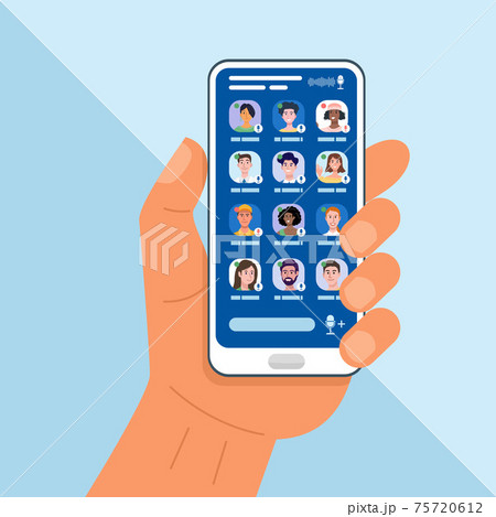 Clubhouse app, Hand holding smart phone with audio chat conversation displaying on screen 75720612