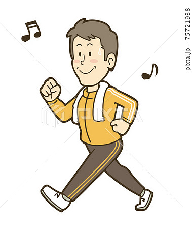 ウォーキングで体を動かす中年男性のイラストのイラスト素材