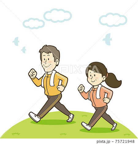 ウォーキングで体を動かす中年夫婦のイラストのイラスト素材
