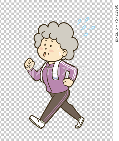 ウォーキングで体を動かすシニア女性のイラストのイラスト素材