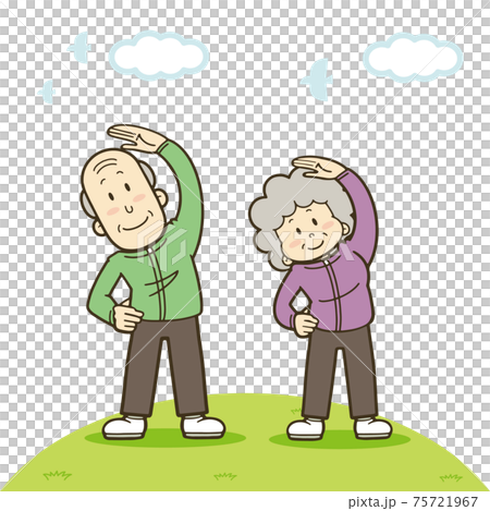 ストレッチする元気なシニア世代の夫婦のイラストのイラスト素材