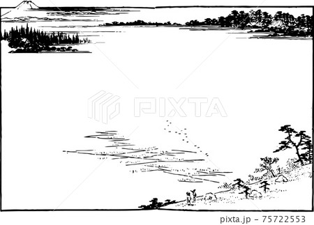 江戸の風景画 田んぼと遠くに見える富士山のイラスト素材