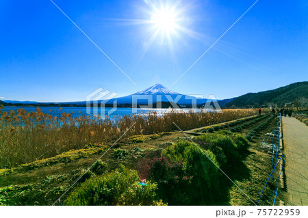 山梨県 富士山と富士五湖 河口湖と青空 山梨県 富士山と富士五湖 河口湖と青空 75722959
