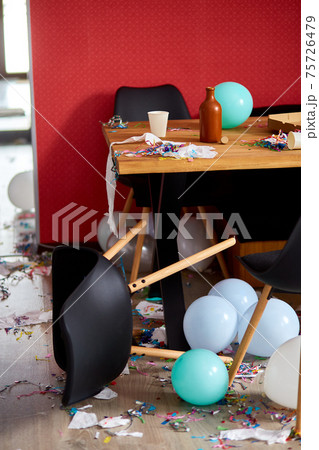 After party chaos, messy in livving room at home After party chaos, messy in livving room at home 75726479