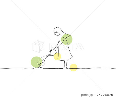 水やりをする少女　手描き線画イラスト 75726876