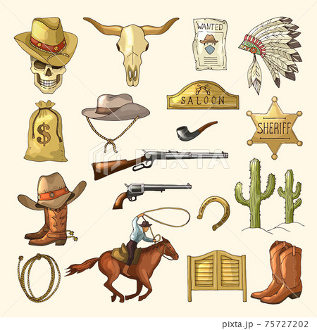 Colored illustrations of wild west symbols. Western vintage pictures isolated 75727202