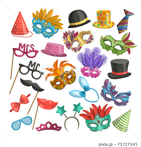 Different elements for carnival. Funny masks for masquerade. illustrations in cartoon style Different elements for carnival. Funny masks for masquerade. illustrations in cartoon style 75727345